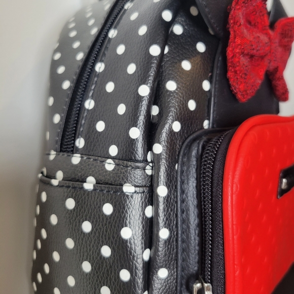 Disney Minnie Mouse Black & Red Polka Dot Bow Tie Small Backpack Purse NWT - Picture 7 of 12